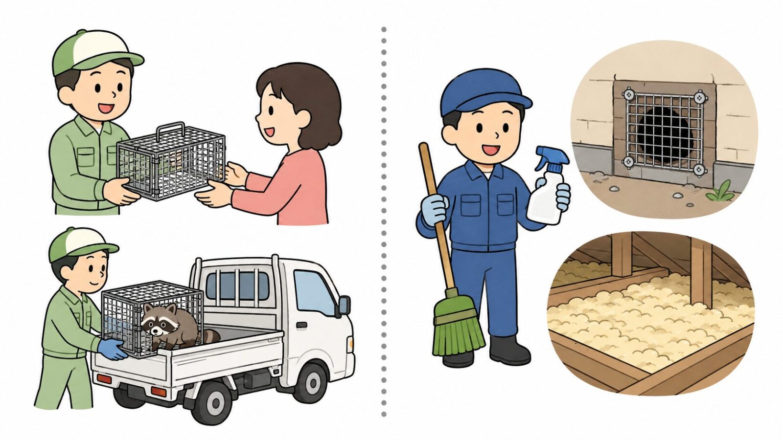 市のアライグマ箱わな貸出と民間業者に依頼する屋根裏の清掃・封鎖作業の役割分担を比較したいらすとや風イラスト