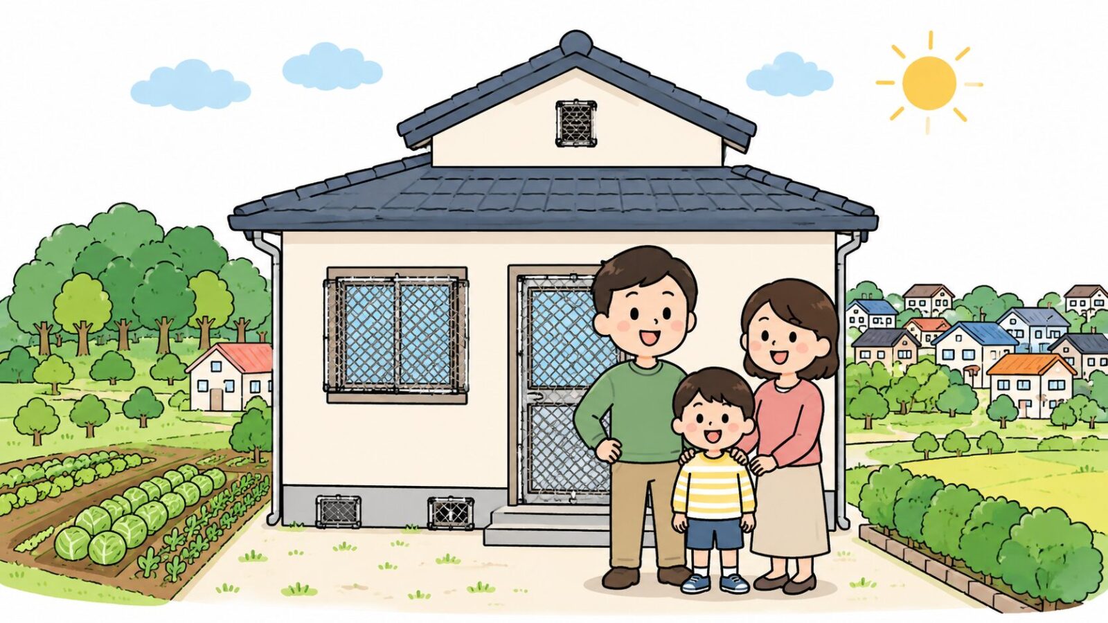 対策を終えた新座市の住宅の前で安心する家族と雑木林の緑を描いたいらすとや風イラスト