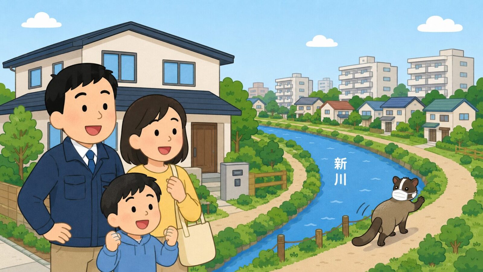 対策を終えた八千代市の住宅前で安心する家族と新川沿いの緑を描いたいらすとや風イラスト