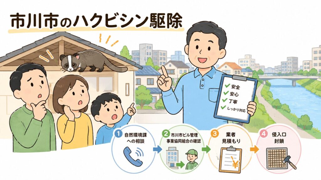 市川市の住宅街で天井裏の物音に不安を感じる家族と白い鼻筋のハクビシン、相談先確認・業者見積もり・侵入口封鎖を示すいらすとや風イラスト