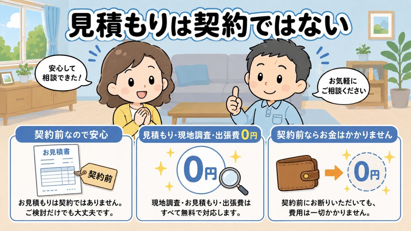 ハウスプロテクトは見積もり後でも断れることを示す図解。見積書を受け取った段階では契約は成立していないこと、調査・見積もり・出張費は0円であること、契約前なら支払いは発生しないことの3点を、安心した表情の家主と守谷タクミで表したいらすとや風イラスト。