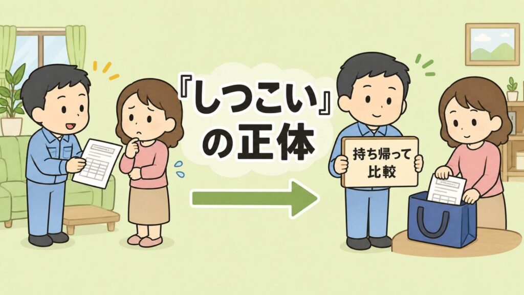 見積書を差し出す営業スタッフと困り顔の家主の場面から、持ち帰って比較の札とともに見積書をかばんにしまう夫婦の場面へ矢印でつないだ図解。しつこいと感じる場面の正体と、即決せず持ち帰ってよいことを表すいらすとや風イラスト