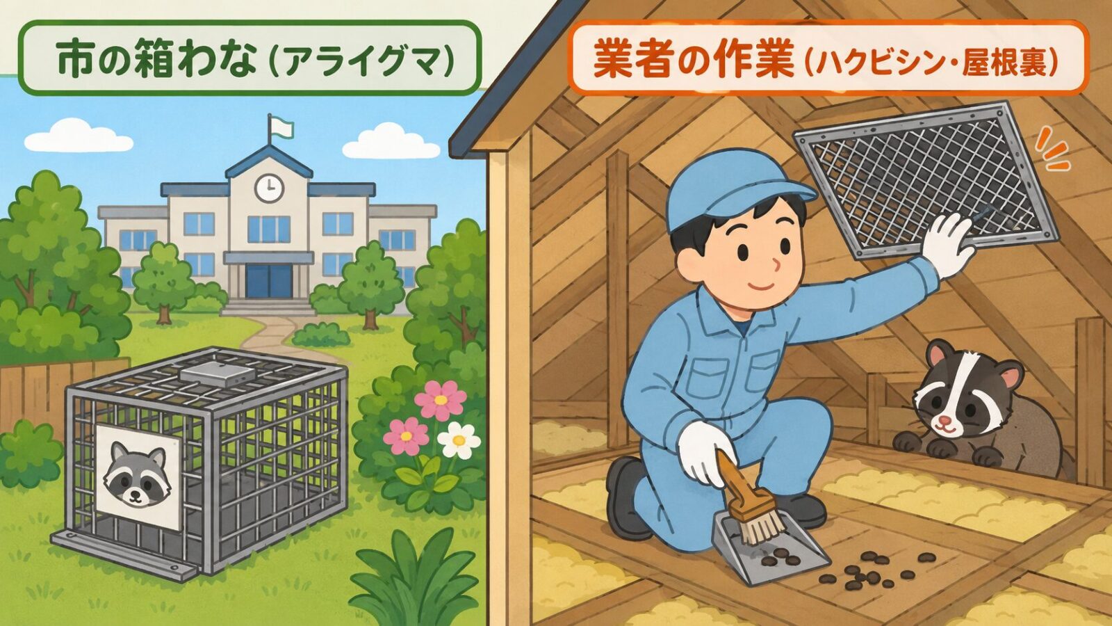 習志野市のアライグマ箱わな貸し出しと民間業者に依頼する屋根裏作業の役割分担を比較したいらすとや風イラスト