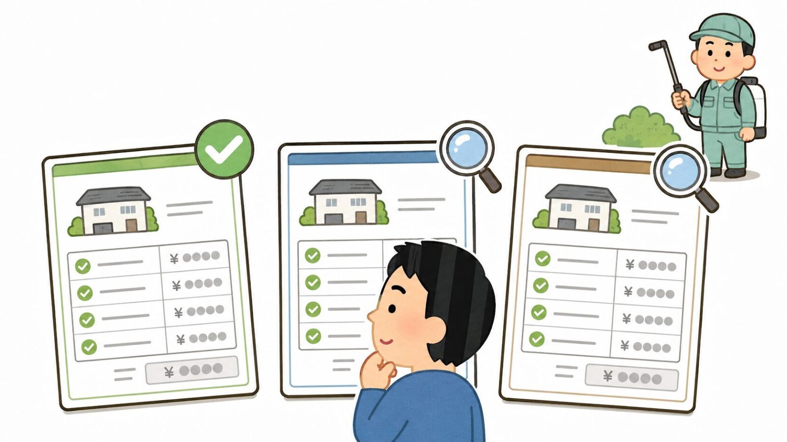 害獣駆除業者の見積書3枚を見比べる住民を描いたいらすとや風イラスト