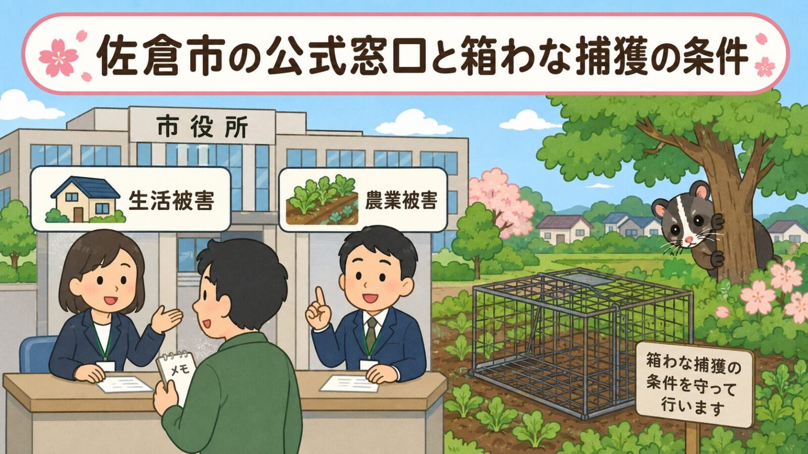生活被害と農業被害で窓口が分かれる佐倉市役所への相談と、庭に設置された捕獲用箱わなを描いたいらすとや風イラスト