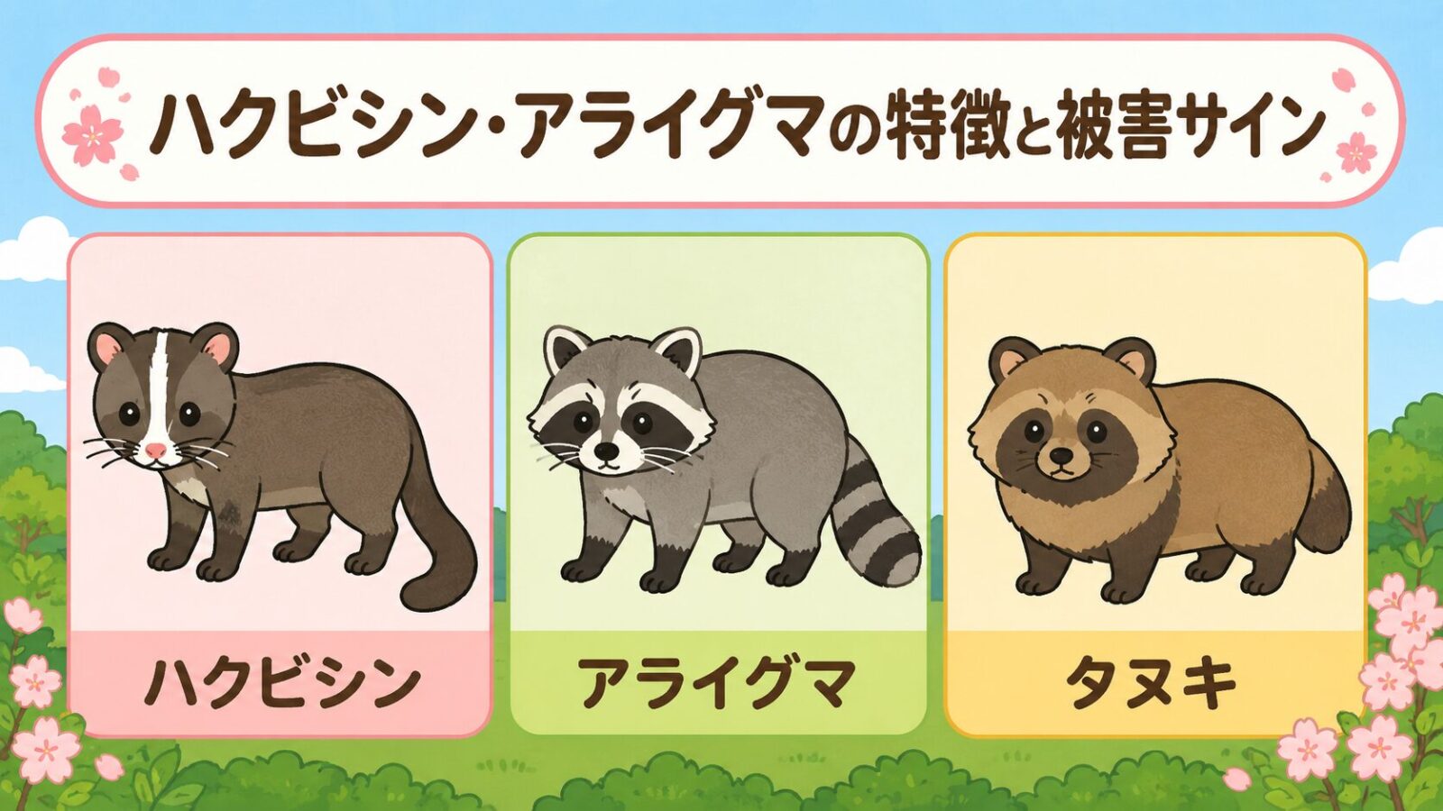 ハクビシン・アライグマ・タヌキの外見の特徴を図鑑風に比較したいらすとや風イラスト