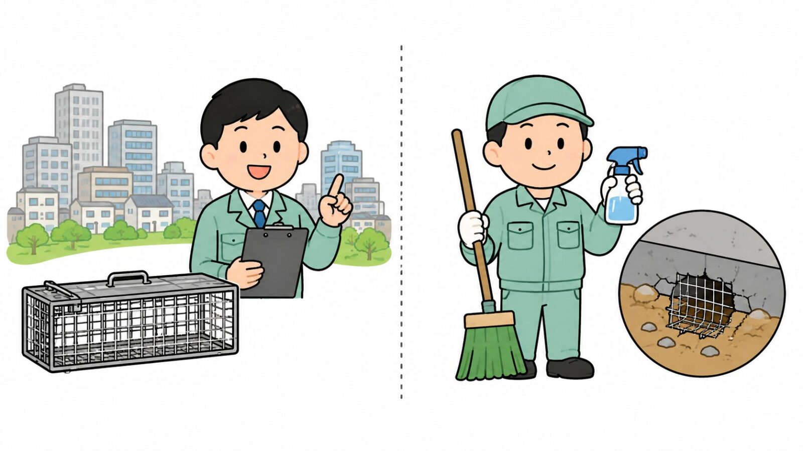 秦野市の自己防衛助言・箱わな貸出と民間業者の清掃・封鎖作業の役割分担を比較したいらすとや風イラスト