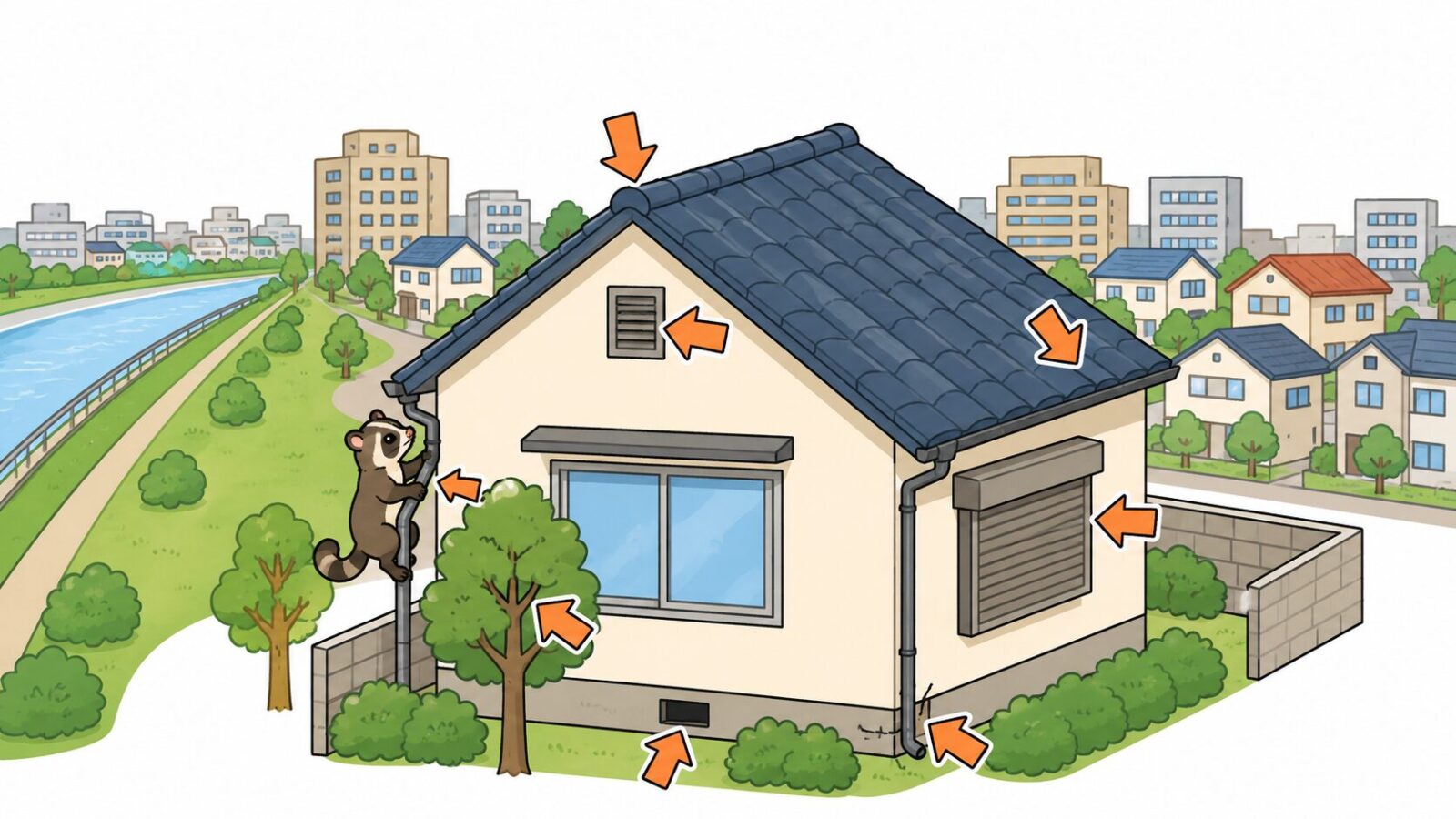 荒川沿いの平坦で住宅が密集した戸田市でハクビシンの侵入経路を示したいらすとや風イラスト
