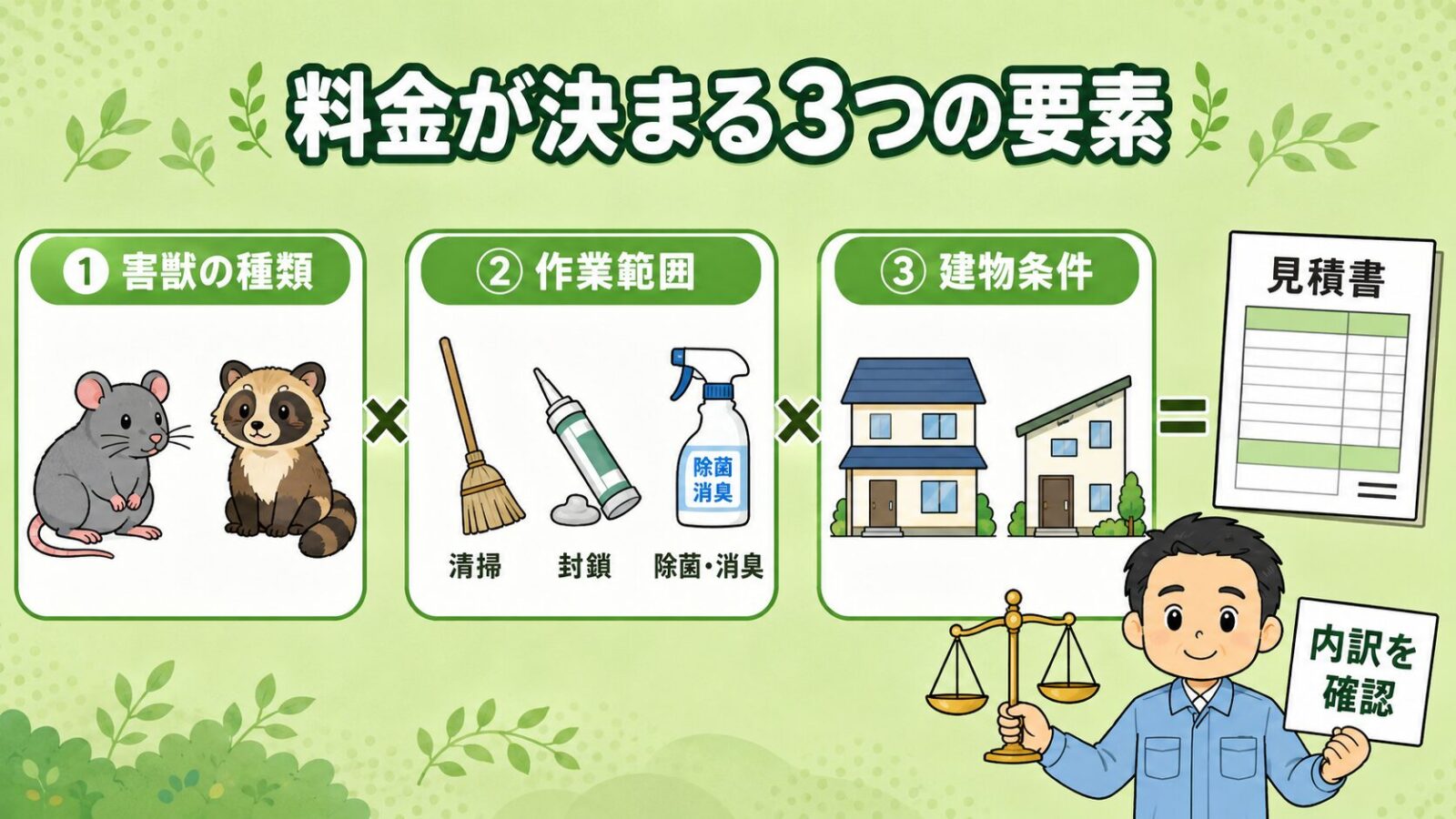 害獣駆除の料金が決まる3つの要素の図解。害獣の種類・作業範囲・建物条件の3つの掛け算で見積もり金額が決まることを、天秤と家のイラストで守谷タクミが説明するいらすとや風イラスト。