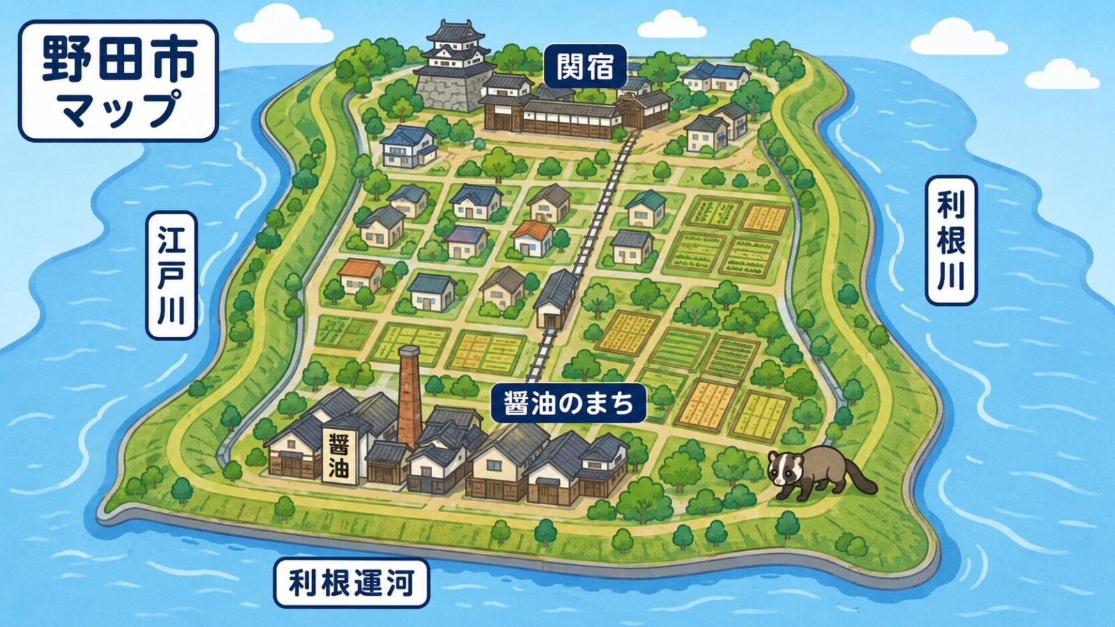 東の利根川・西の江戸川・南の利根運河に三方を囲まれ、北の関宿と南の醸造の街からなる野田市の地図風いらすとや風イラスト
