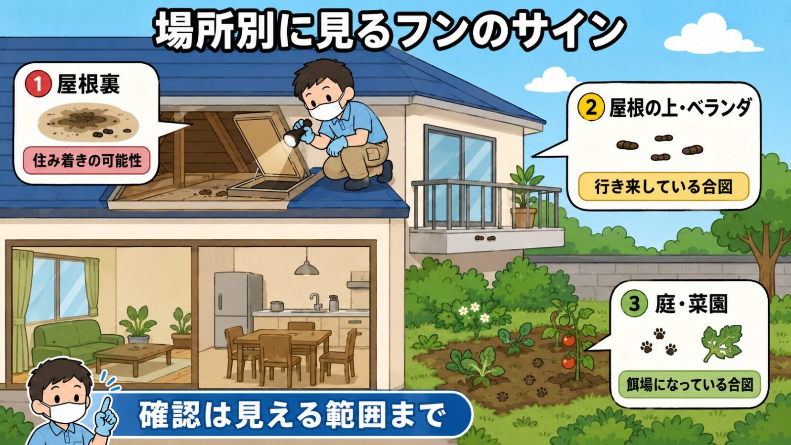 フンが見つかる場所ごとのサインを示した住宅の断面図。屋根の点検口を懐中電灯で照らすマスク姿の守谷タクミを中心に、屋根裏は住み着きの可能性、屋根の上やベランダは行き来している合図、庭や菜園は餌場になっている合図と吹き出しで説明し、確認は見える範囲までと呼びかけるいらすとや風イラスト。