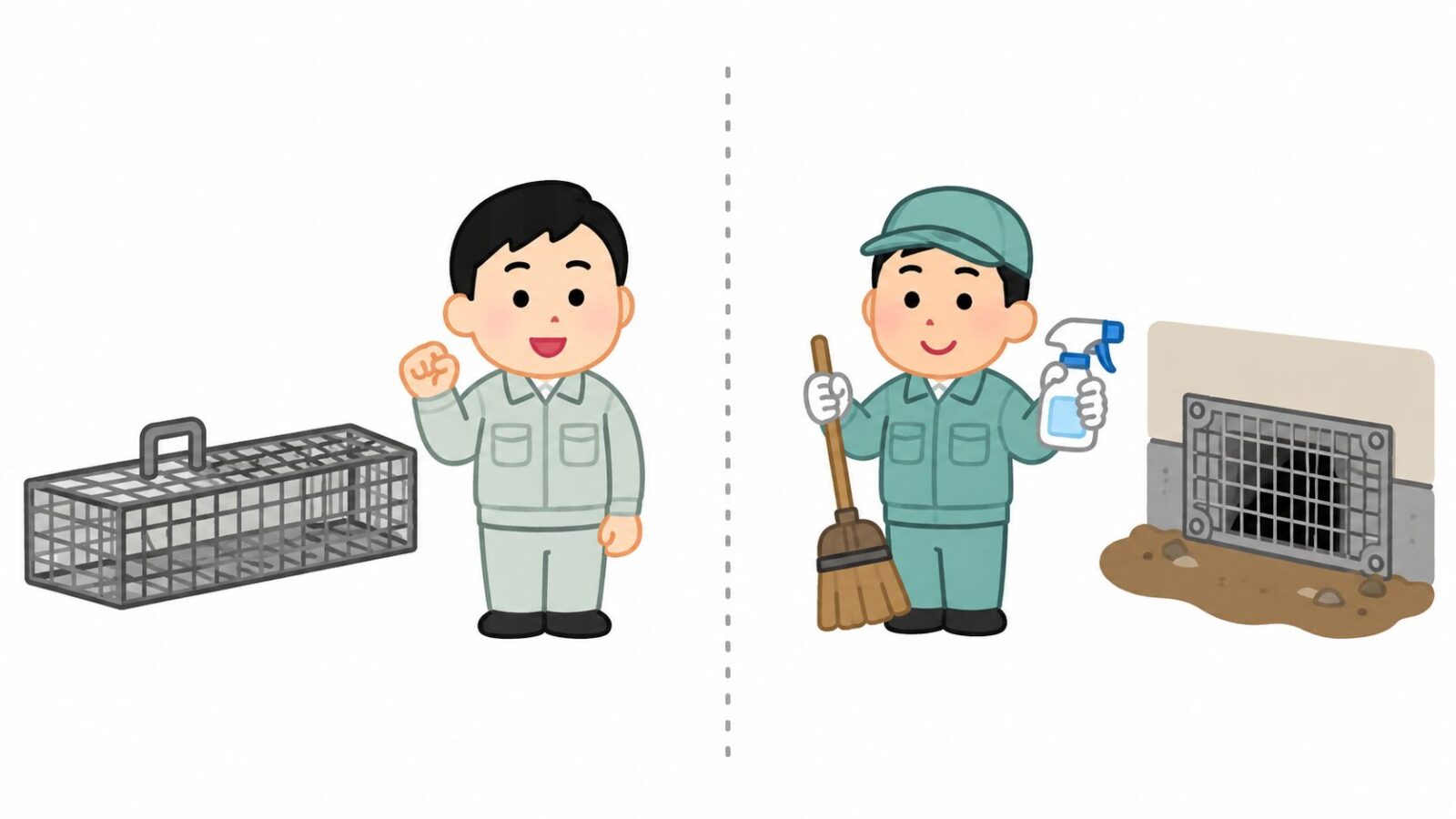 厚木市の箱わな貸出制度と民間業者の作業範囲を比較したイラスト