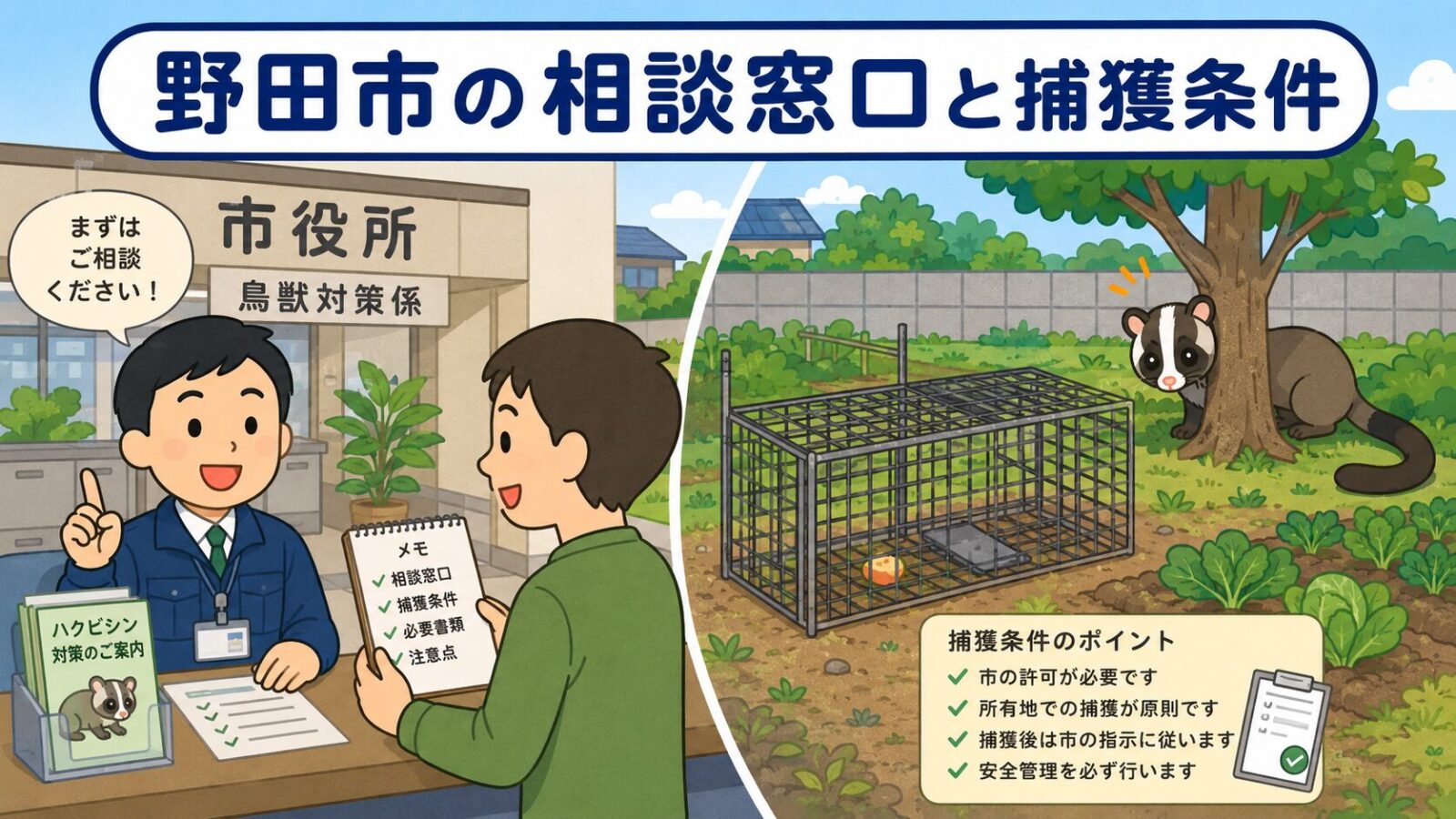 野田市の鳥獣対策係への相談と、庭に設置された捕獲用箱わなを描いたいらすとや風イラスト