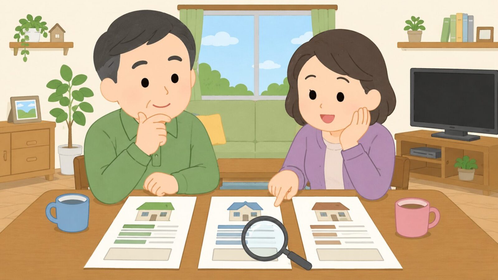 成田市の住民が害獣駆除業者3社の見積書を見比べている様子を描いたいらすとや風イラスト