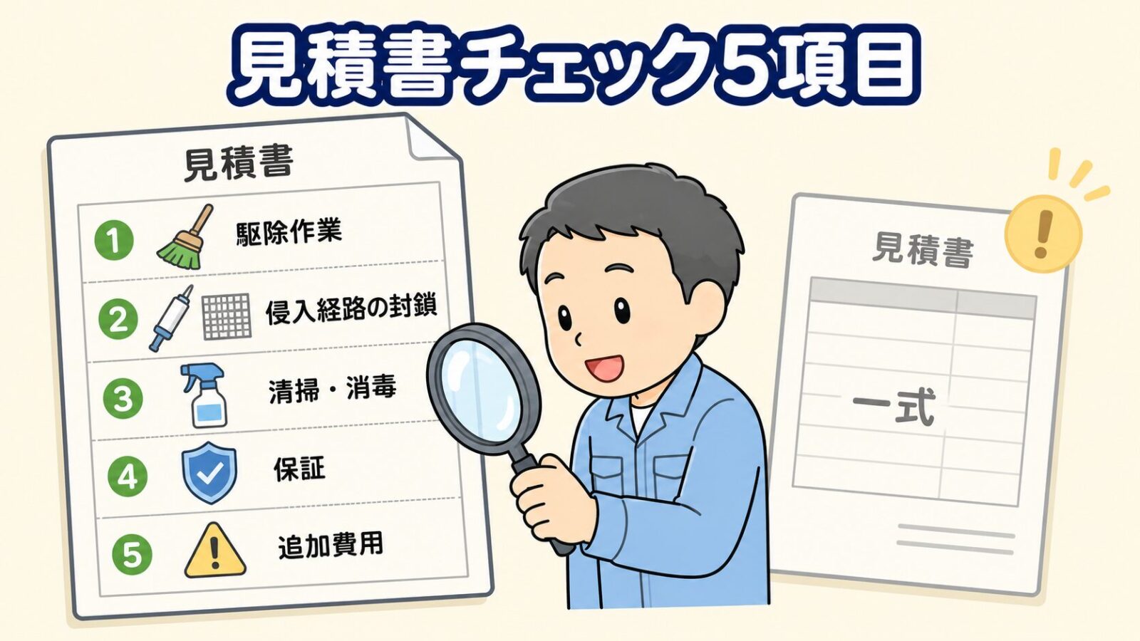 見積書で確認したい5項目の図解。駆除作業・侵入経路の封鎖・清掃消毒・保証・追加費用の5つの行を大きな見積書の上で虫めがねを使って確認する守谷タクミのいらすとや風イラスト。