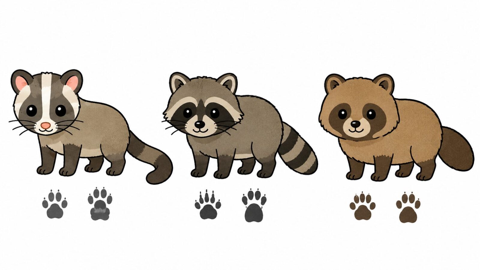 ハクビシン・アライグマ・タヌキの外見の特徴を図鑑風に比較したいらすとや風イラスト