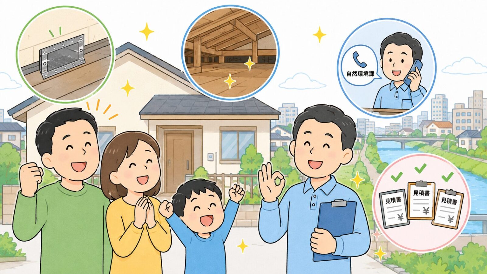 市川市のハクビシン被害が解決して安心した家族と守谷タクミを描いたまとめ用いらすとや風イラスト