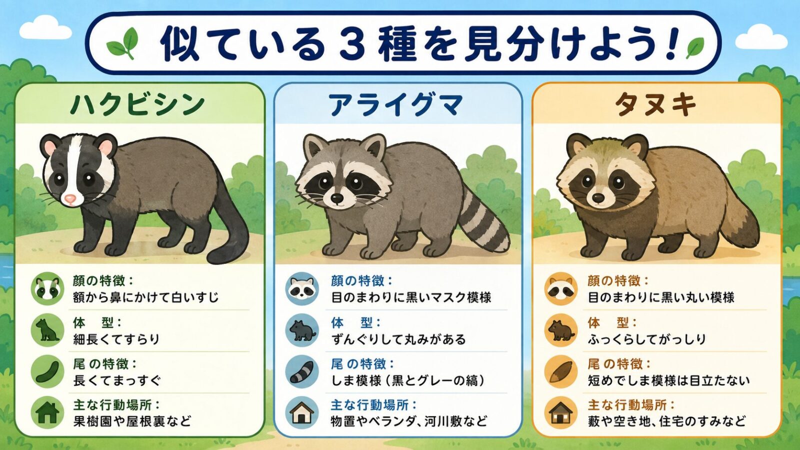 ハクビシン・アライグマ・タヌキの外見の特徴を図鑑風に比較したいらすとや風イラスト