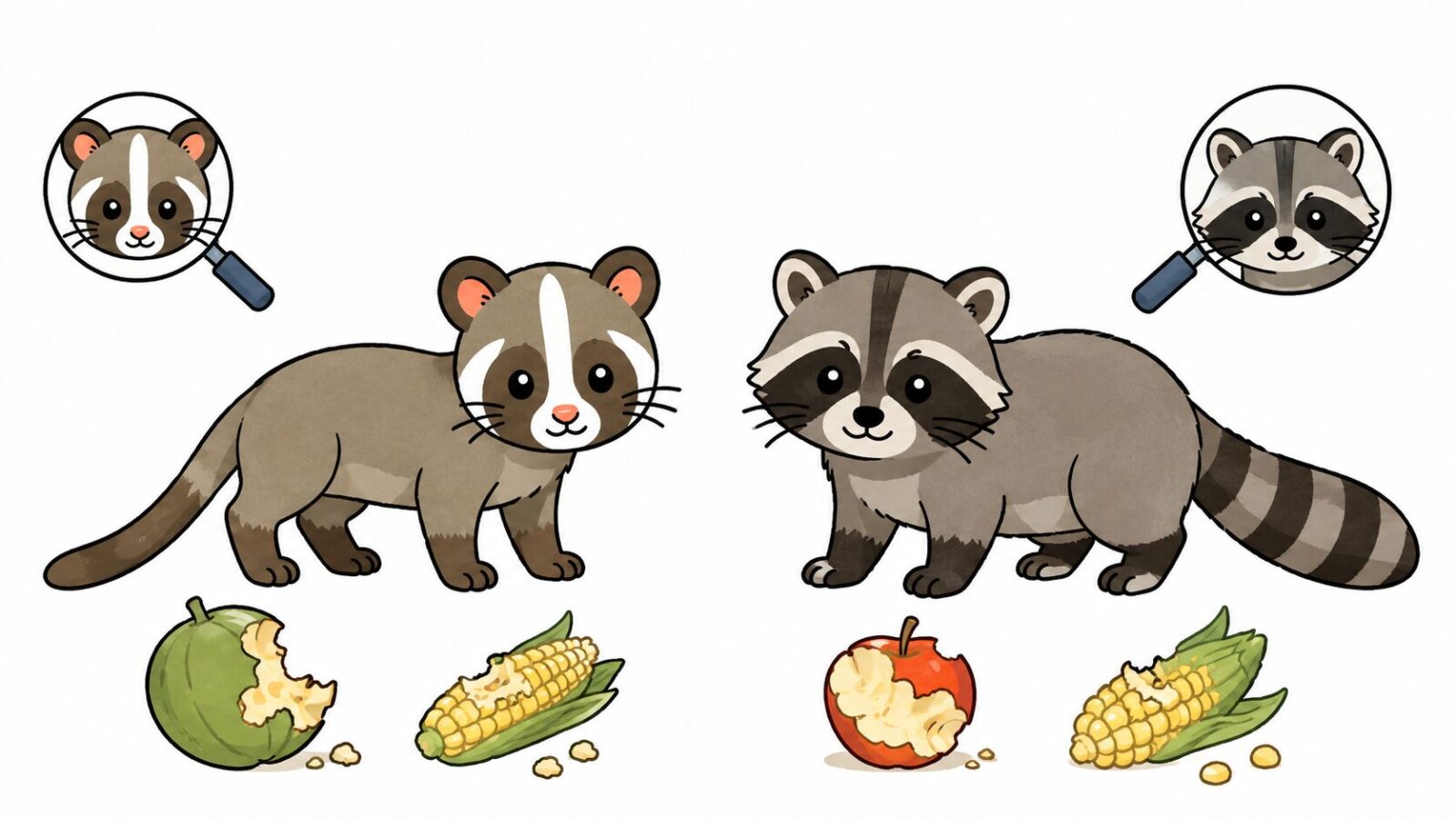ハクビシンとアライグマの顔の模様の違いを図鑑風に比較したいらすとや風イラスト