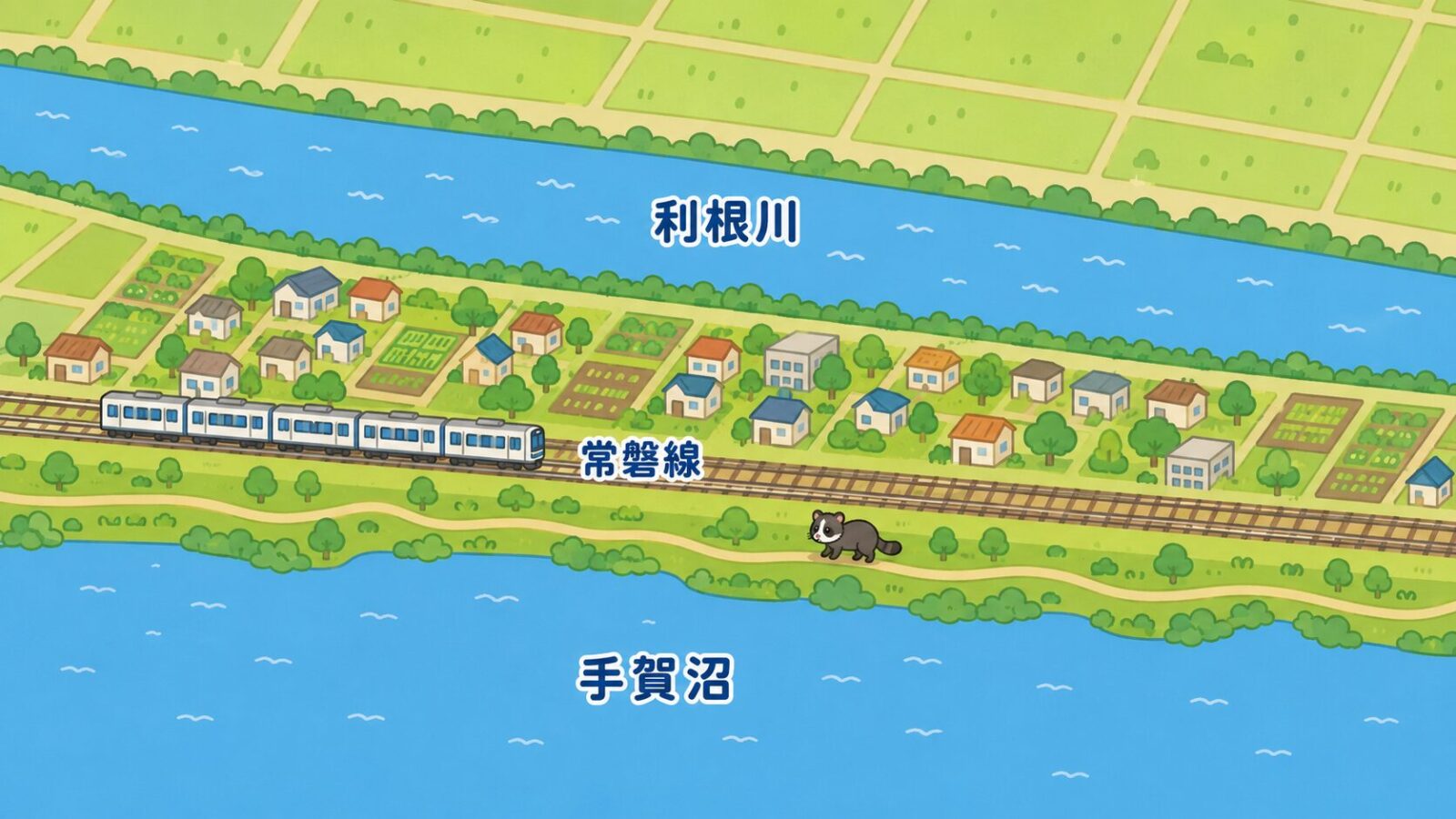 南の手賀沼と北の利根川に挟まれた細長い台地に常磐線が通る我孫子市の地図風いらすとや風イラスト