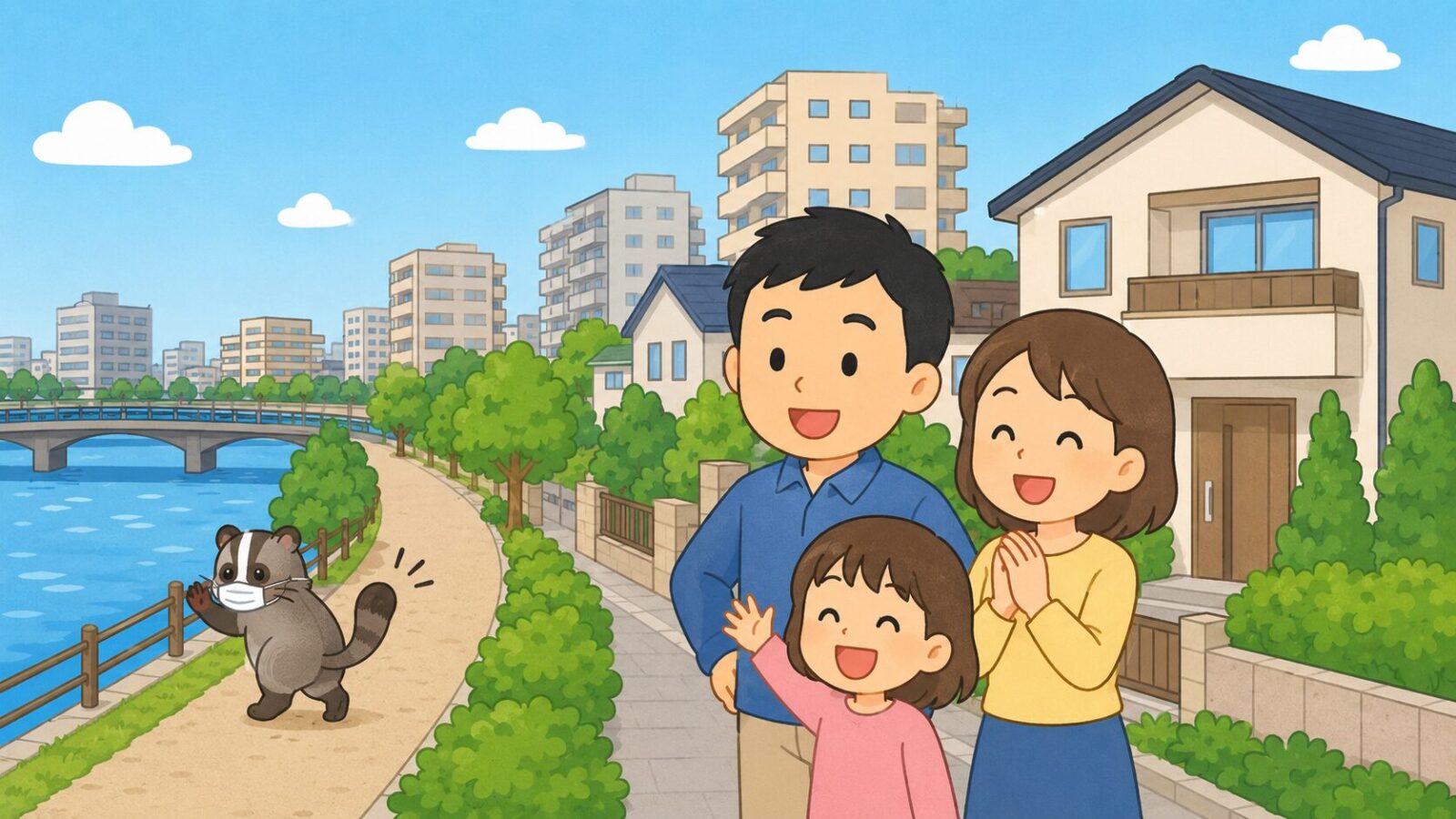 対策を終えた浦安市の住宅前で安心する家族と旧江戸川沿いの緑を描いたいらすとや風イラスト