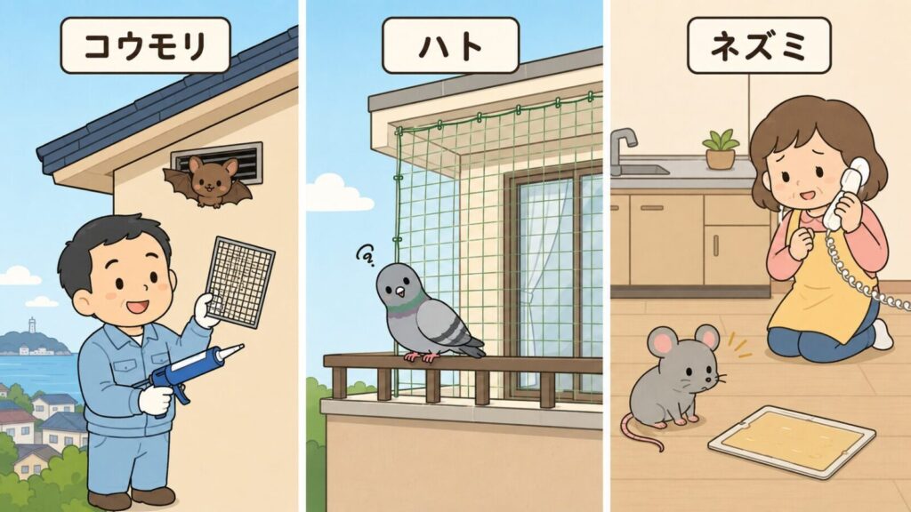 藤沢市のコウモリ・ハト・ネズミ対策を3パネルで描いたいらすとや風イラスト。換気口のすき間のアブラコウモリと金網で封鎖準備をする獣害対策アドバイザー、防鳥ネットで営巣を防いだベランダのハト、台所の粘着シートと電話相談する主婦を表現。遠景に江の島を配置し、種類ごとに対策が異なることを示す構成。