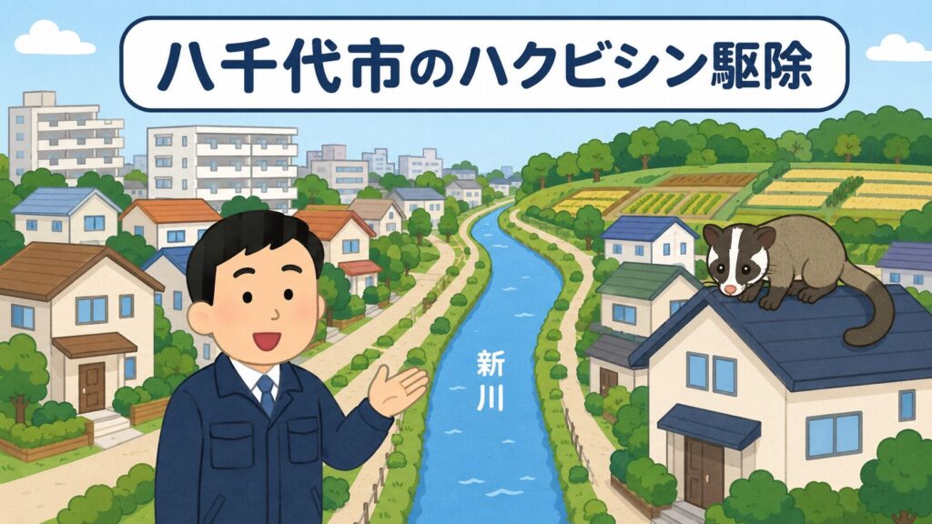 新川と下総台地の住宅地を背景に、屋根からのぞくハクビシンと案内する守谷タクミを描いた八千代市のいらすとや風イラスト
