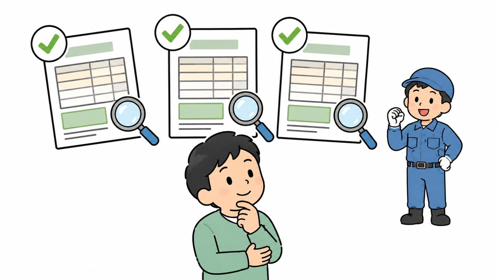 害獣駆除業者の見積書3枚を見比べる住民を描いたいらすとや風イラスト