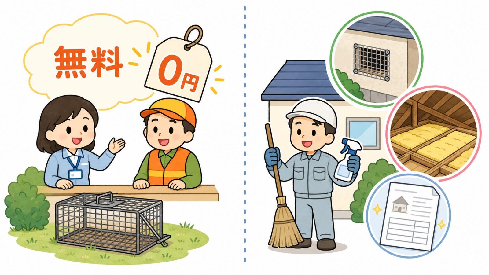 天井裏の糞尿清掃と侵入口封鎖を専門業者が確認するいらすとや風イラスト