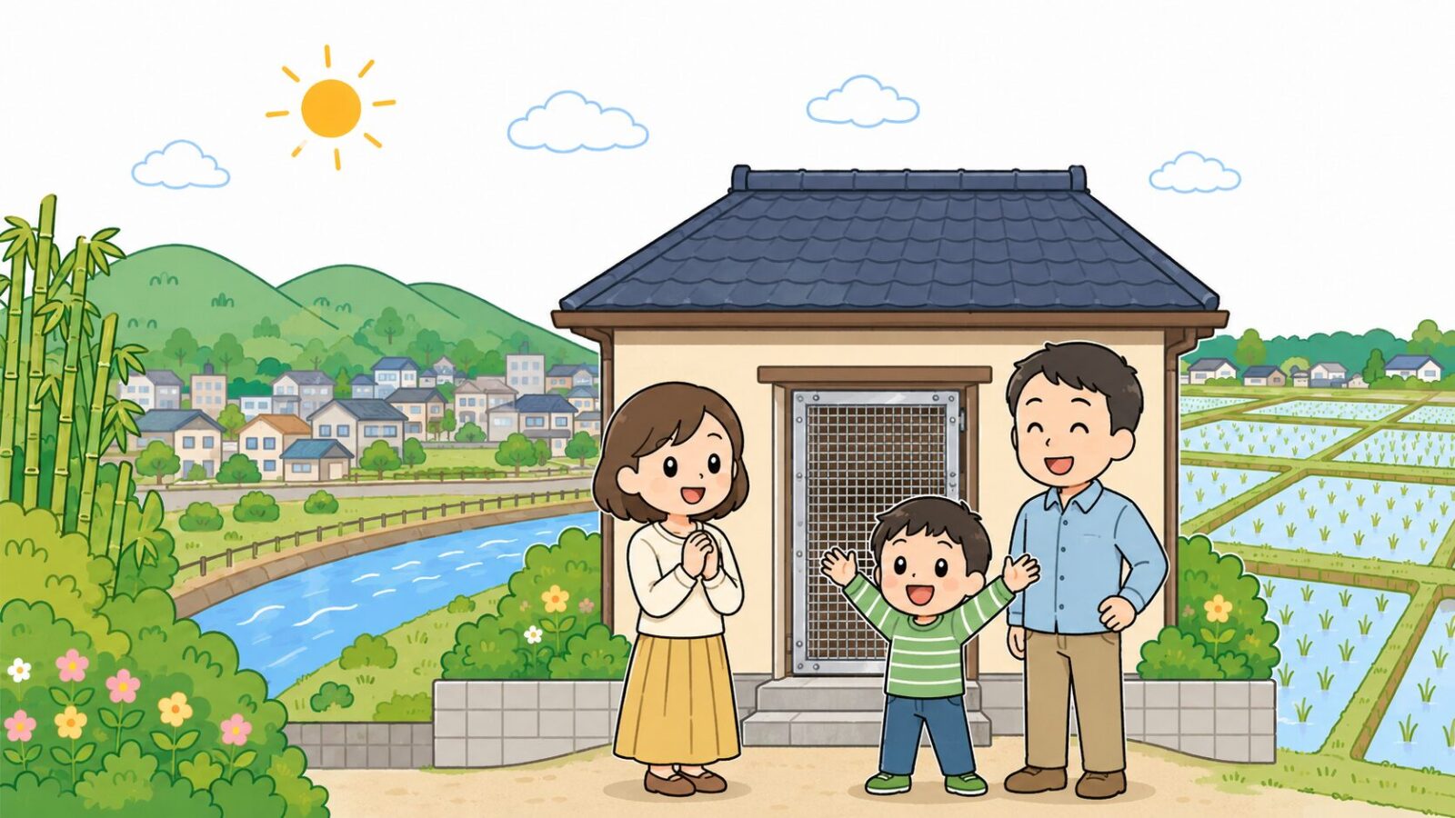対策を終えた茂原市の住宅前で安心する家族と一宮川沿いの緑を描いたいらすとや風イラスト