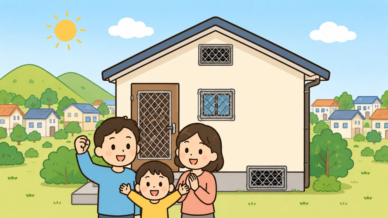 対策を終えた所沢市の住宅の前で安心する家族と狭山丘陵の緑を描いたいらすとや風イラスト