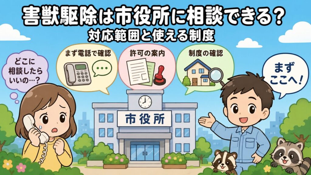 害獣駆除の市役所相談を解説する記事のメインアイキャッチ。時計台のある市役所の庁舎を背景に、電話をかけて困る女性と、まず電話で確認・許可の案内・制度の確認という3つの吹き出しを手のひらで案内する作業着姿の守谷タクミ、隅からのぞくハクビシンとアライグマを描いたいらすとや風イラスト。