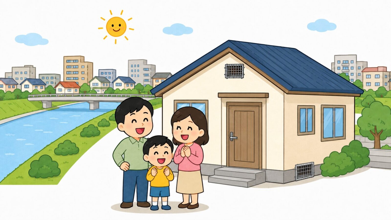対策を終えた戸田市の住宅の前で安心する家族と荒川の土手を描いたいらすとや風イラスト