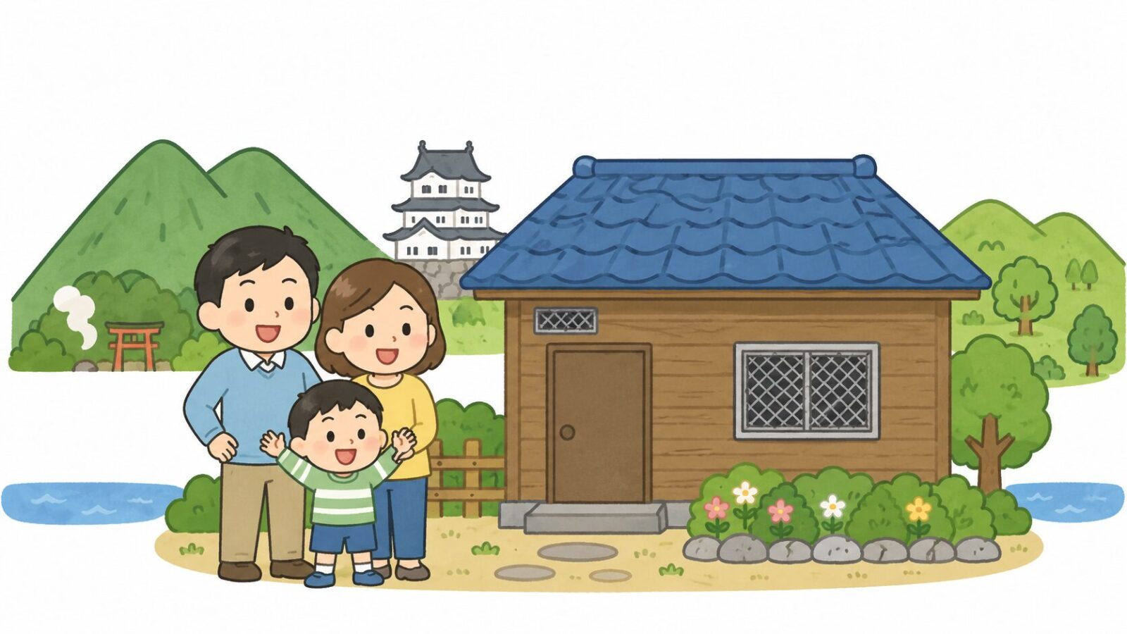 対策を終えた小田原市の住宅の前で安心する家族と小田原城・箱根の山並みを描いたいらすとや風イラスト