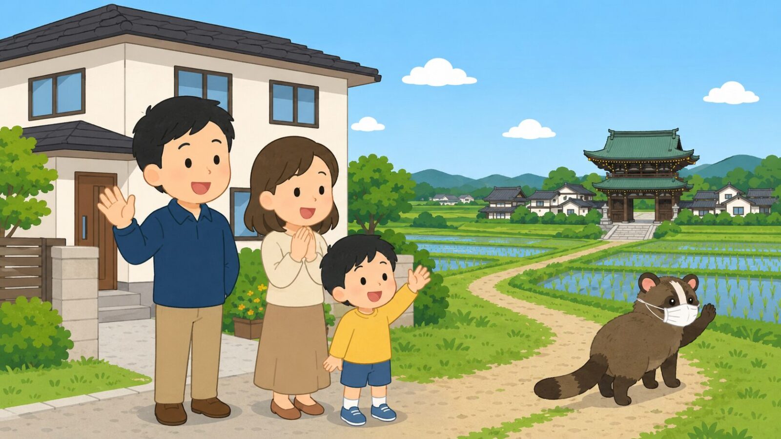 対策を終えた成田市の住宅前で安心する家族と門前町・農地の風景を描いたいらすとや風イラスト