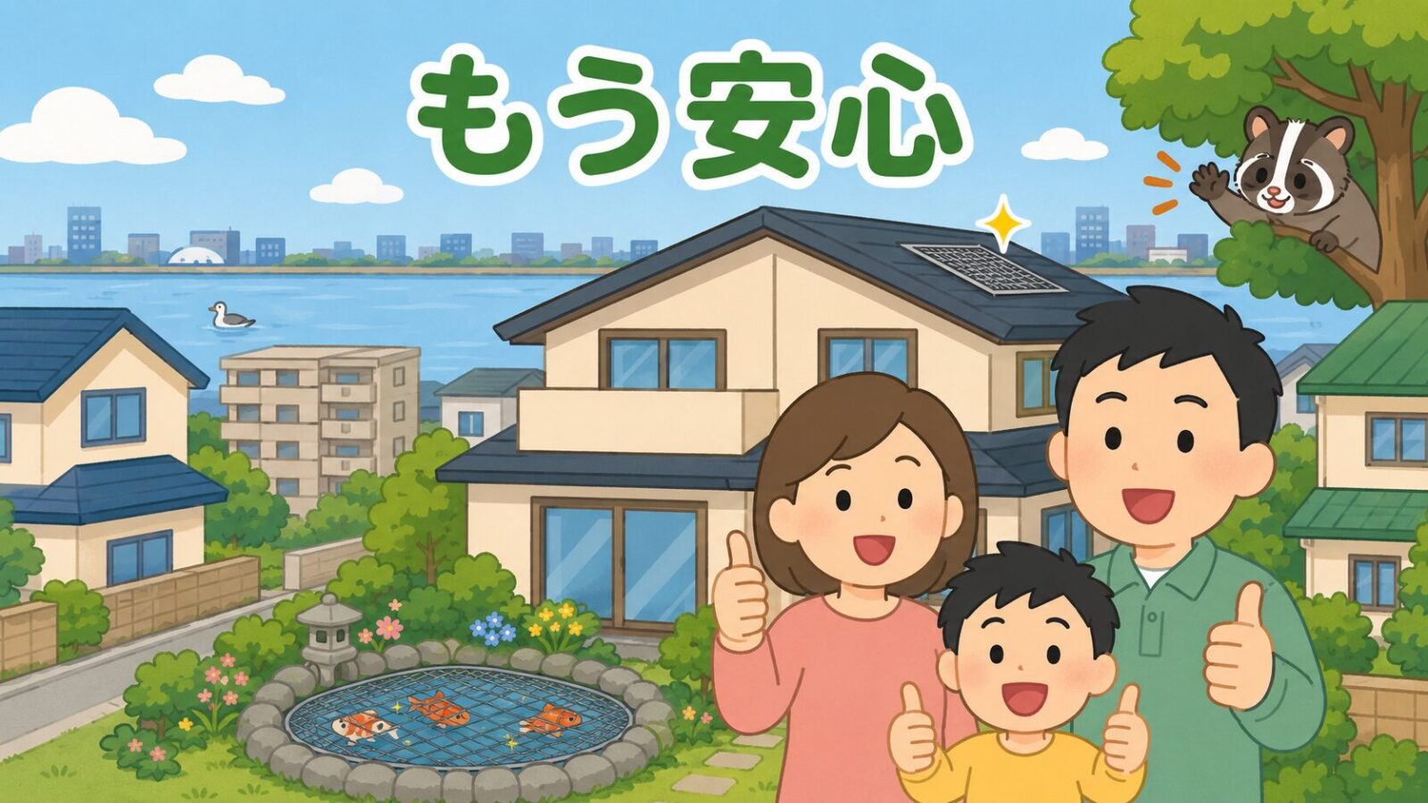 対策を終えた習志野市の住宅の前で安心する家族と庭の池を描いたいらすとや風イラスト