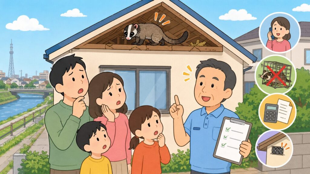 草加市の住宅街でハクビシン被害を相談する家族と専門家を描いたいらすとや風アイキャッチ画像