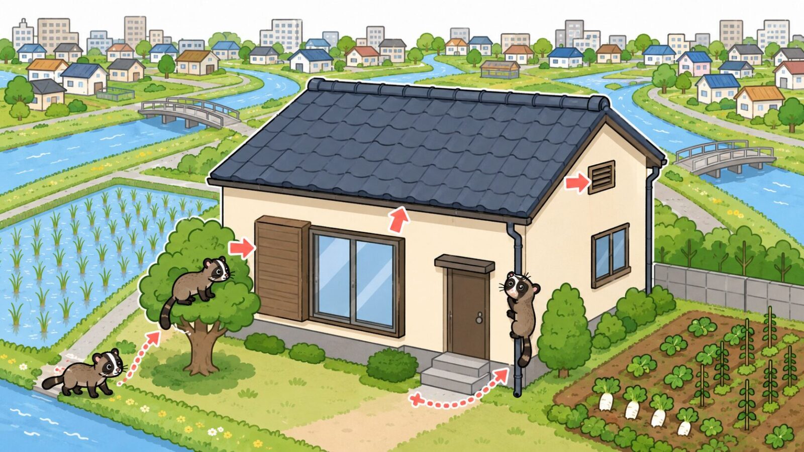 元荒川など5本の川が流れる平坦な越谷市の住宅地でハクビシンの侵入経路を示したいらすとや風イラスト