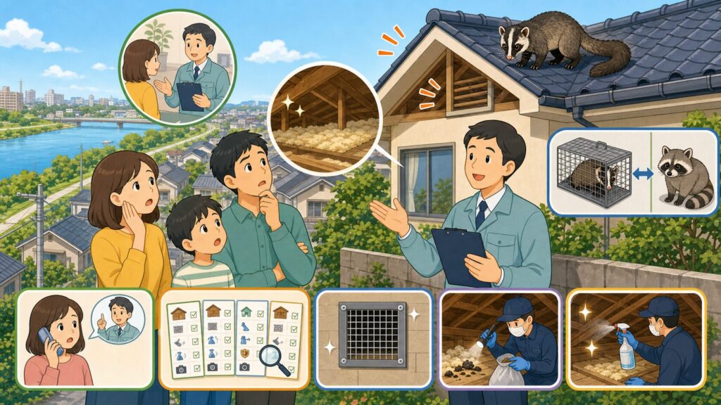 松戸市の住宅街でハクビシン被害を相談する家族と専門家のイラスト