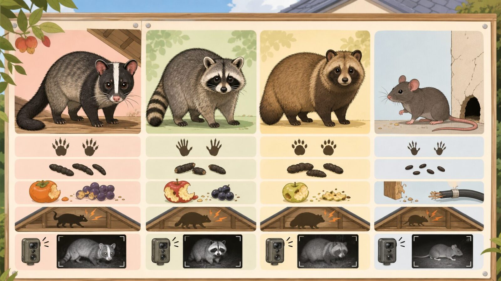 ハクビシンとアライグマの外見の違いと松戸市で相談時に伝えたい被害サインを比較したイラスト