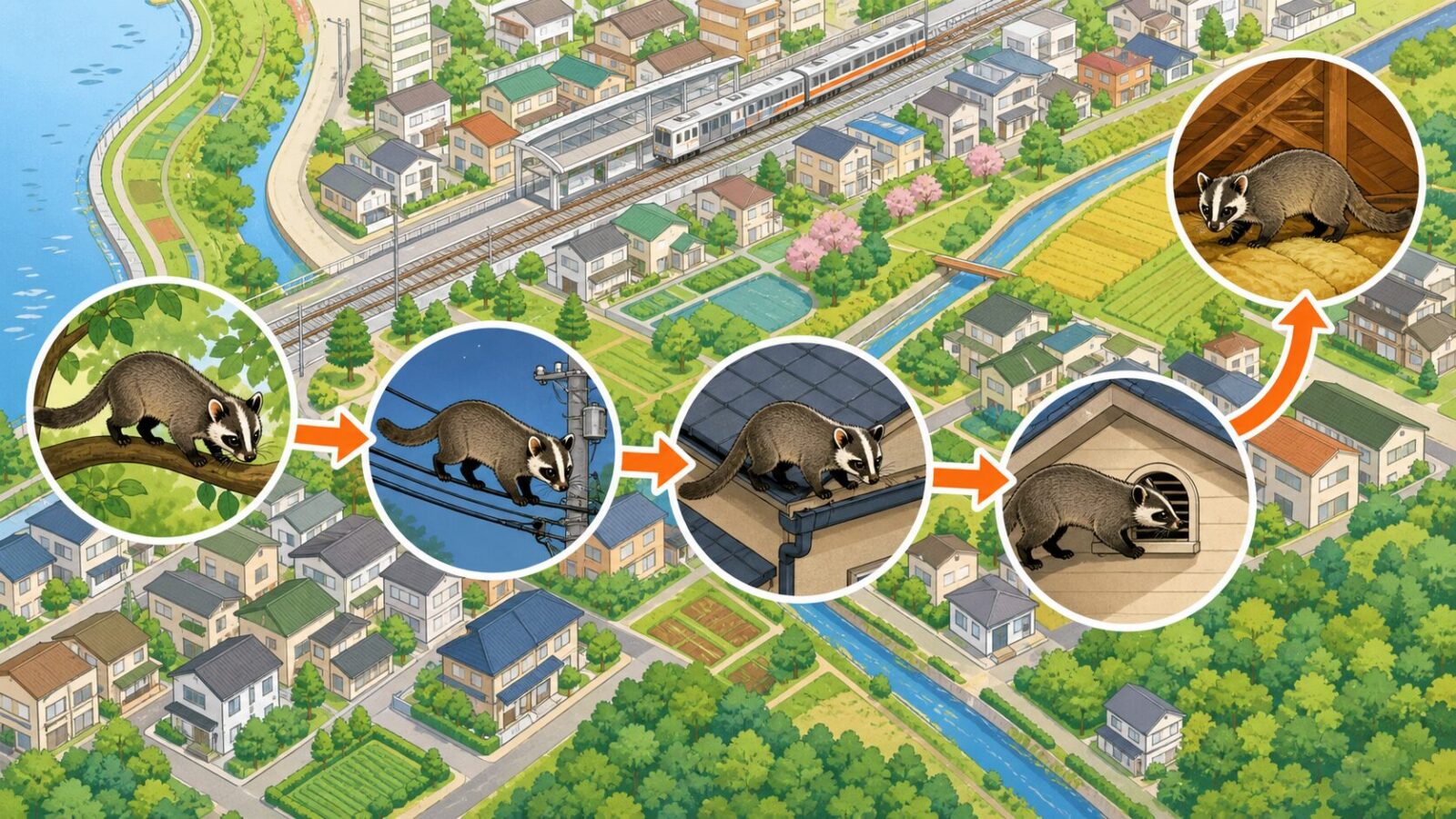 松戸市の江戸川沿い、坂川、住宅地、古い戸建てでハクビシンの侵入経路を示すイラスト