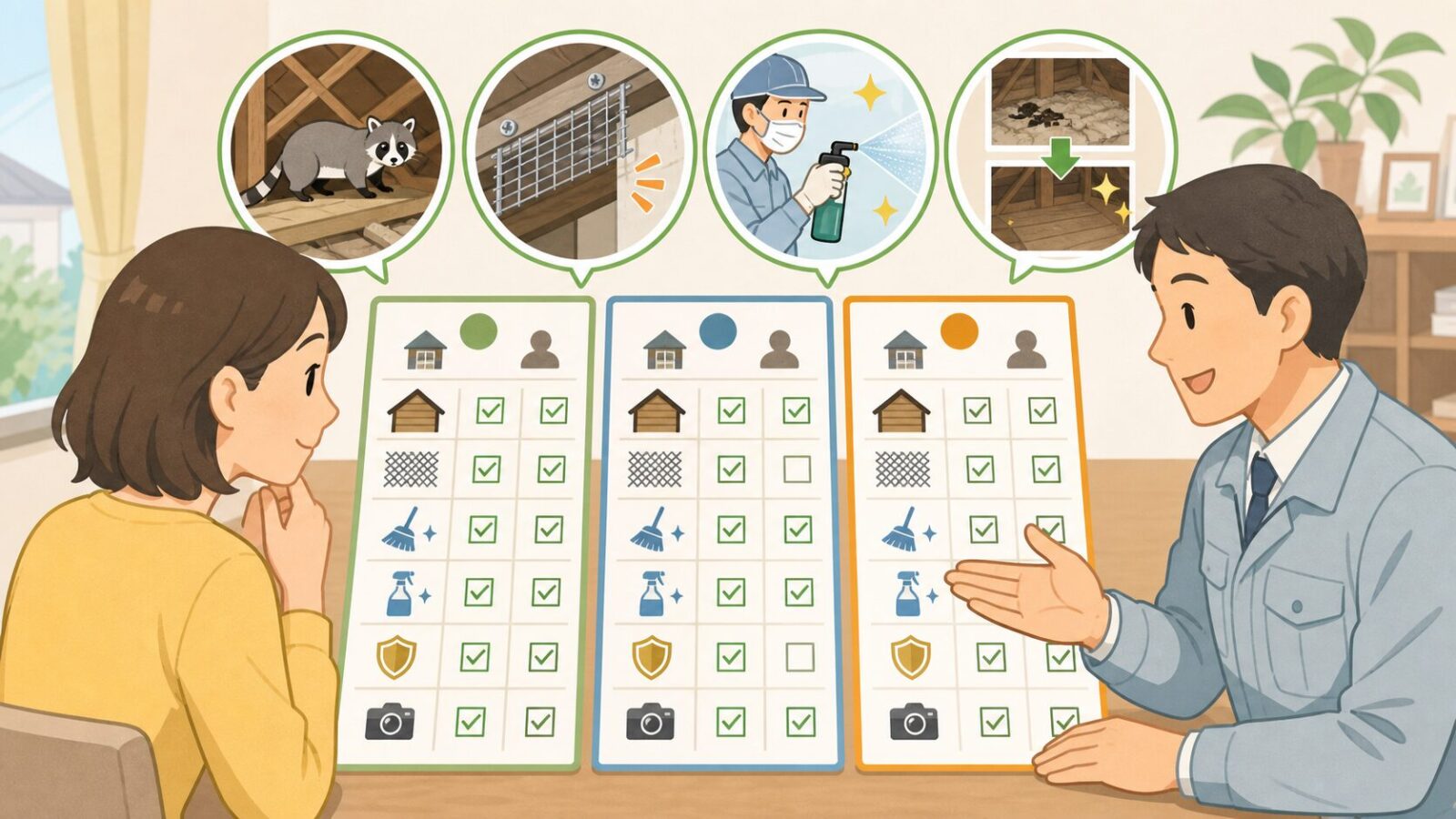 松戸市の住宅でハクビシン駆除業者の見積書を比較する住民と専門家のイラスト