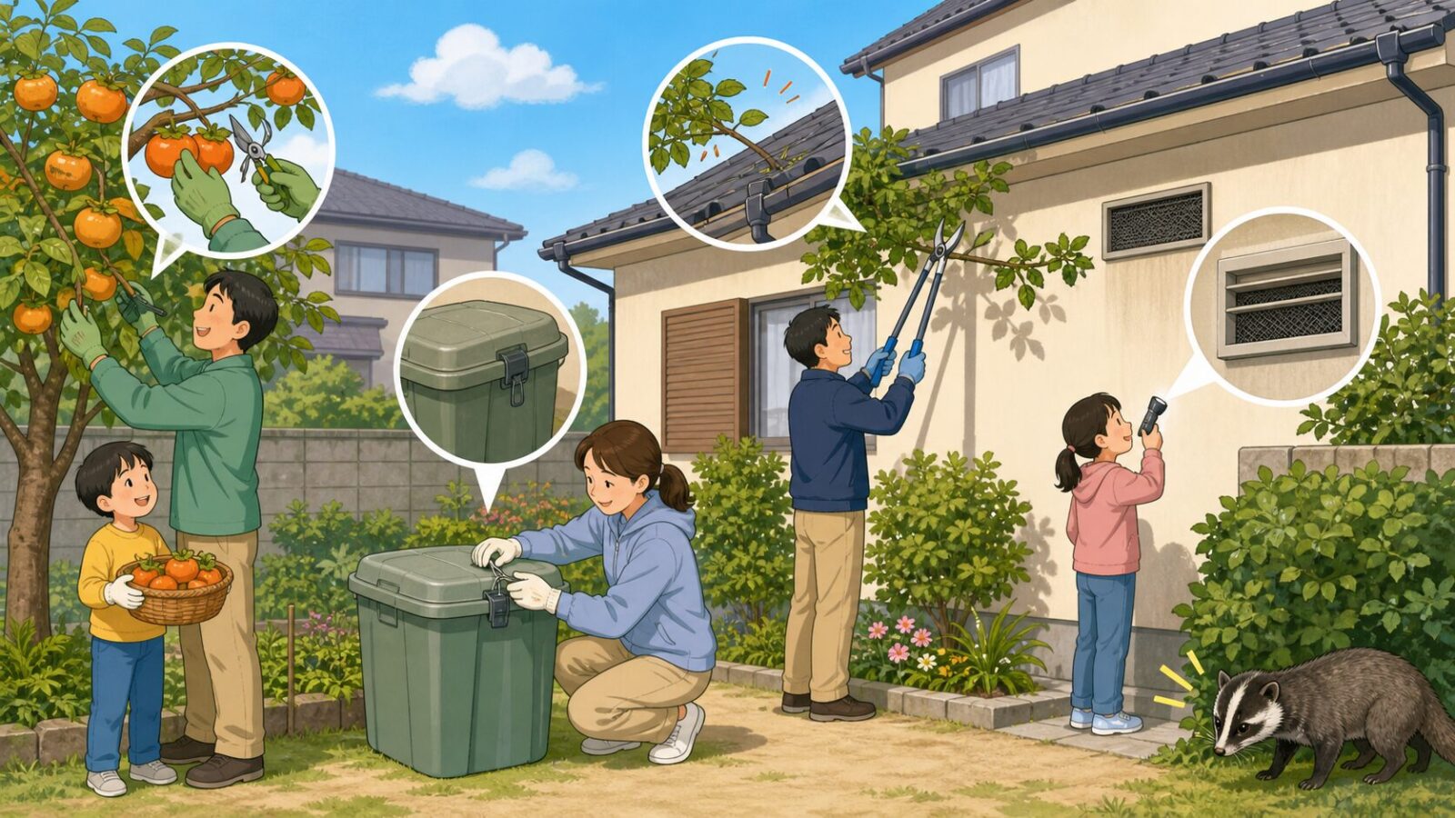 松戸市の戸建てで果実の早期収穫・庭木剪定・侵入口点検などハクビシン予防を行う家族のイラスト
