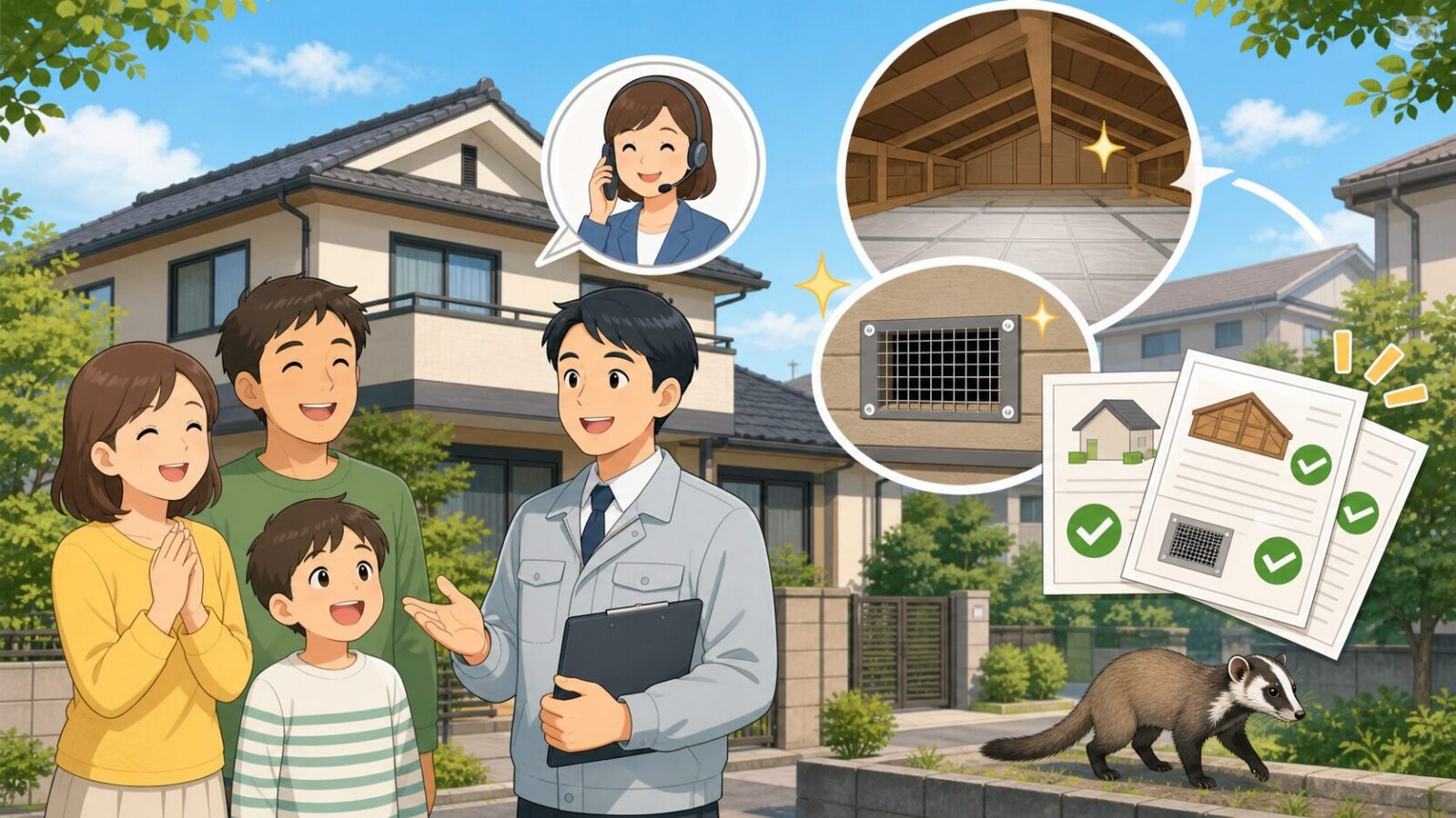 松戸市でハクビシン対策が完了した住宅と安心する家族のイラスト