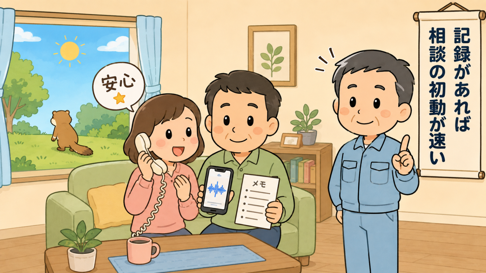 イタチの音を記録して相談する場面のまとめイラスト。昼の明るいリビングで、妻が受話器を持って相談し、夫が録音波形を表示したスマートフォンとメモを見せている。窓の外の晴れた空の下、草むらへイタチが歩いて帰っていく。右で守谷タクミが、記録があれば相談の初動が速いと伝えている。