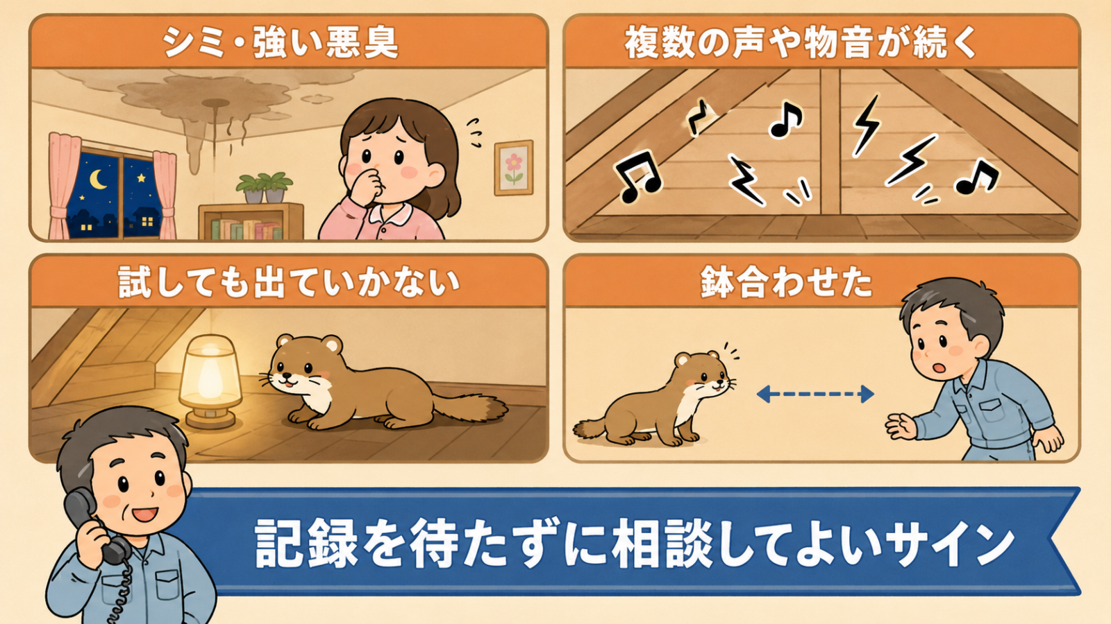 放置せず相談したい4つのサインを示した図解。天井のシミと鼻をつまむ住人で表したシミ・強い悪臭、天井裏から音符とギザギザの音マークが出ている複数の声や物音が続く、明かりの横で平気な顔のイタチで表した試しても出ていかない、人とイタチの距離を示した鉢合わせた、の4枚。受話器を持つ守谷タクミが、記録を待たずに相談してよいサインと伝えている。