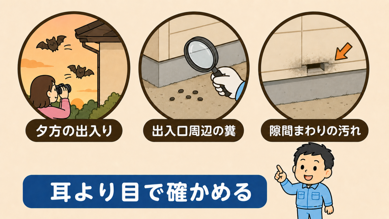コウモリの在否を確かめる3つのサインを示した図解。夕方の出入りは双眼鏡で軒先を眺める住人と飛び立つコウモリ、出入口周辺の糞は手袋をした手が虫めがねで小さな粒を確認する様子、隙間まわりの汚れは通気口の周囲の黒ずみを矢印で示している。下に耳より目で確かめるという帯がある。
