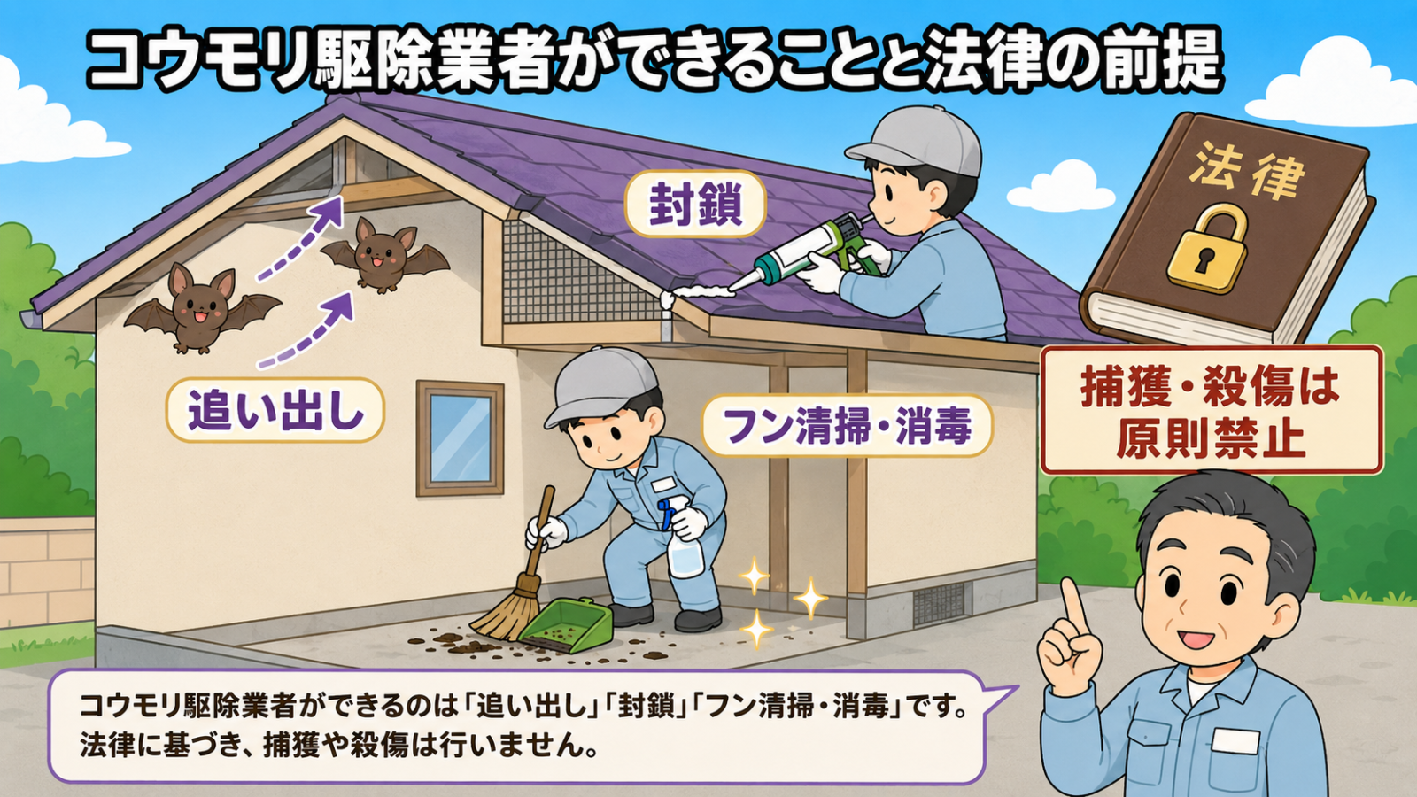 コウモリ駆除業者に頼める作業と法律の前提を示したイラスト。一戸建ての外観に、壁の隙間から外へ飛び出していくコウモリで表した追い出し、屋根の隙間をコーキングガンで塞ぐ封鎖、軒下のフンをほうきとスプレーで片づけるフン清掃・消毒の3つを配置している。右上に錠前付きの法律の本と、捕獲・殺傷は原則禁止と書かれた帯を添えている。