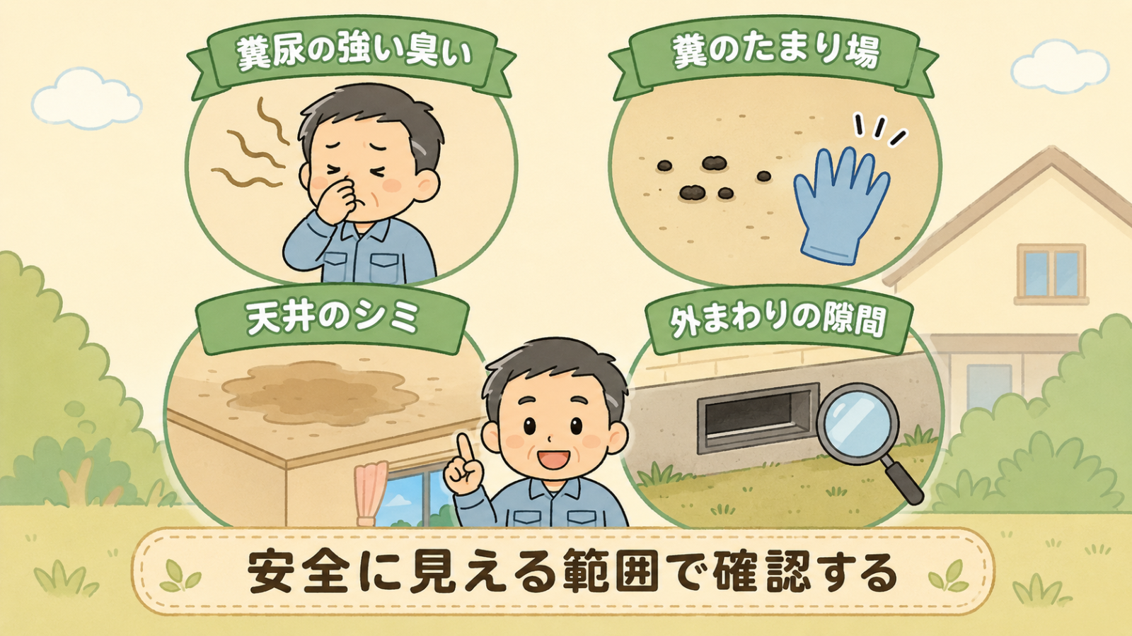 イタチの鳴き声とあわせて確認したい4つのサインを示した図解。鼻をつまむ人とにおいの波線で表した糞尿の強い臭い、黒い粒と手袋で表した糞のたまり場、天井の茶色いシミ、基礎の通風口と虫めがねで表した外まわりの隙間の4つ。下に安全に見える範囲で確認するという守谷タクミの帯がある。