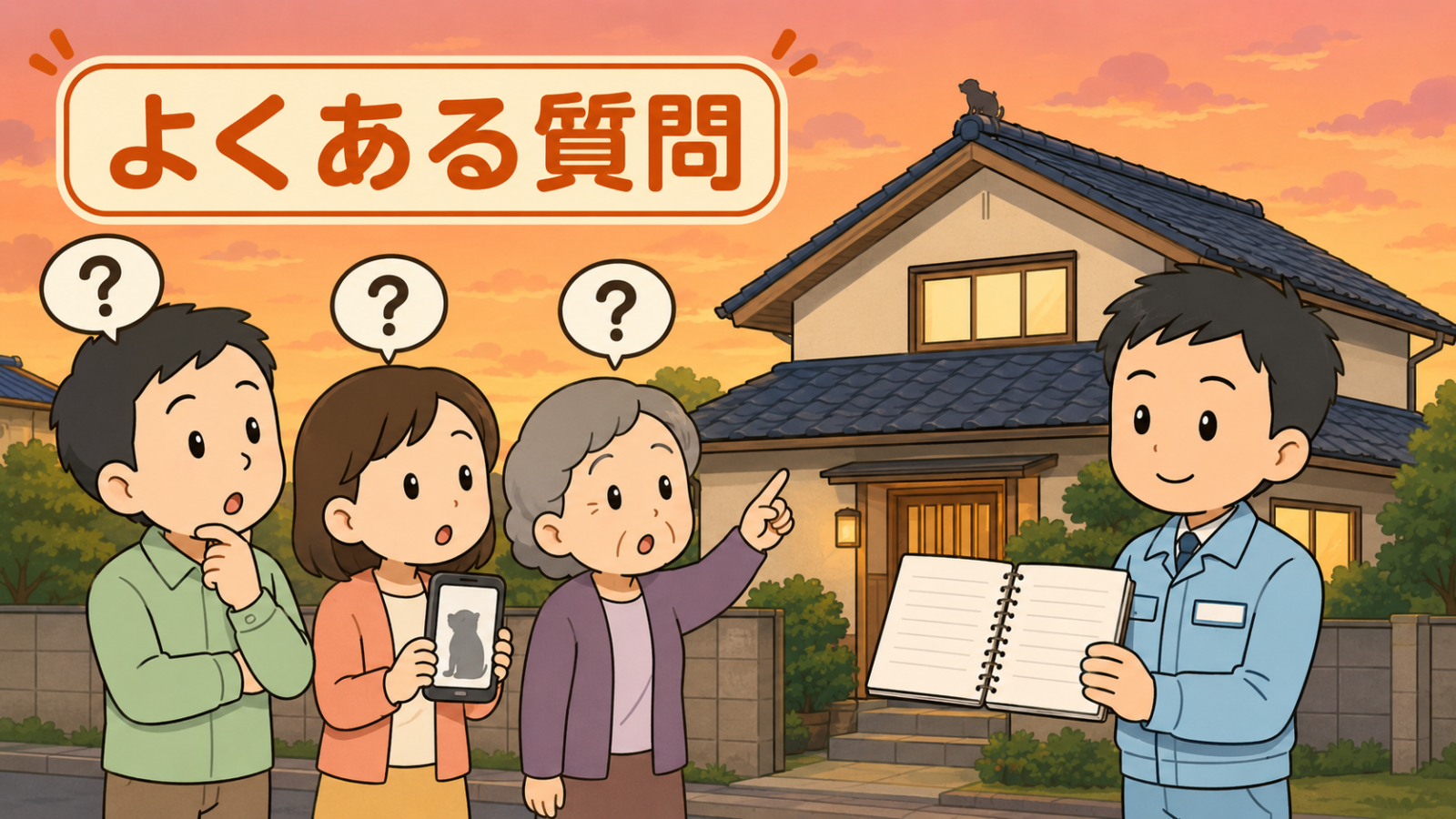 ハクビシンに似た動物の見分けに関するよくある質問のイラスト。夕方の住宅の前で、男性・女性・高齢の女性の3人がそれぞれ頭上に疑問符を浮かべ、女性はシルエットが写ったスマートフォンを見せている。右で守谷タクミが開いたノートを見せて答え、屋根の棟に種類のわからない動物のシルエットが小さく見える。